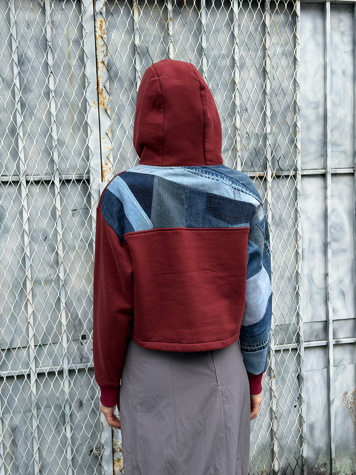 Red Denim Sleeve Cropped Hoodie – Cotton Mix, Size S