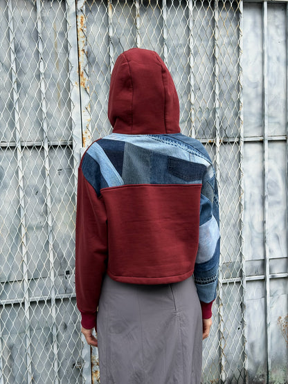 Red Denim Sleeve Cropped Hoodie – Cotton Mix, Size S