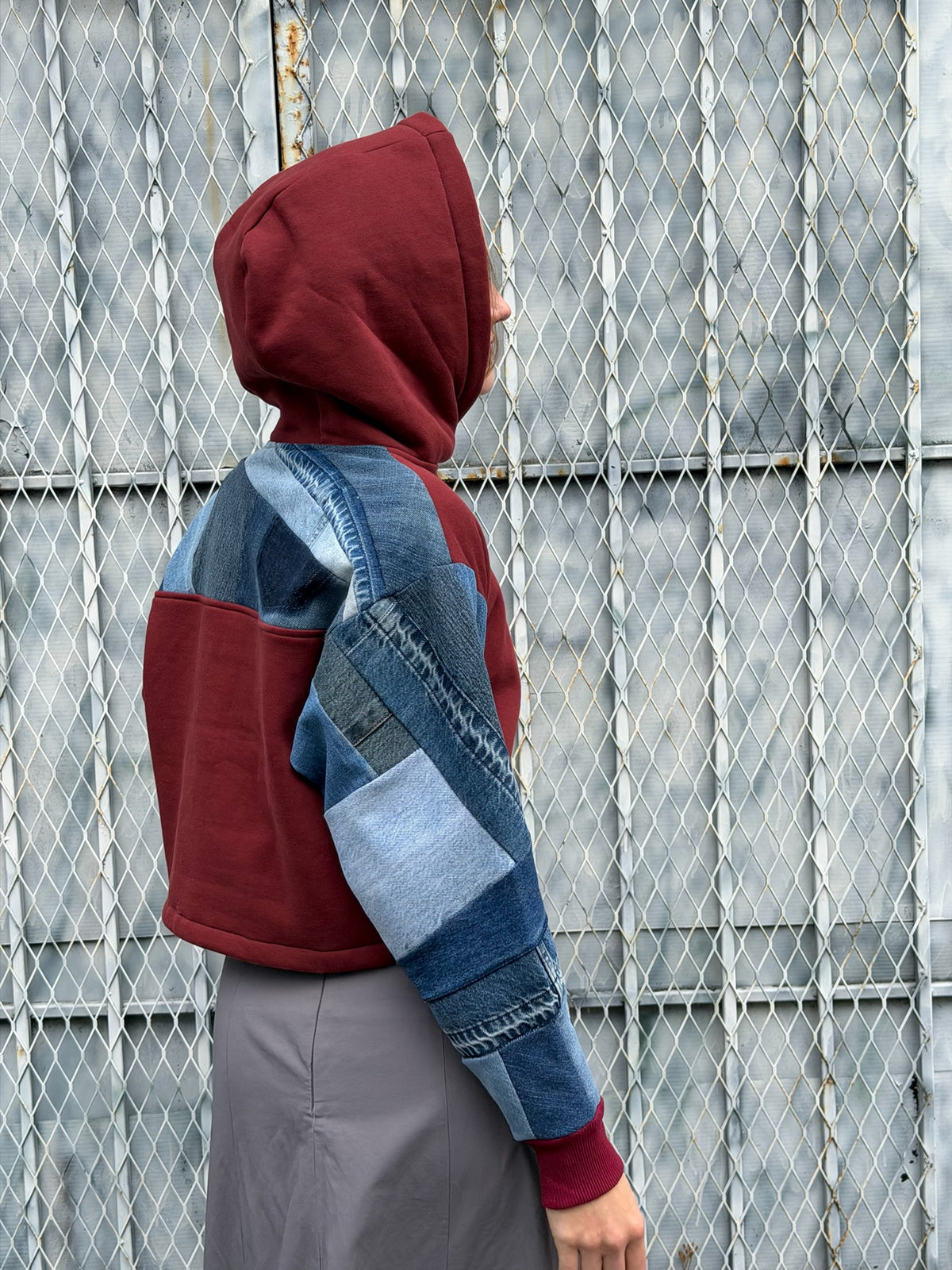 Red Denim Sleeve Cropped Hoodie – Cotton Mix, Size S