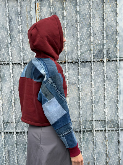 Red Denim Sleeve Cropped Hoodie – Cotton Mix, Size S