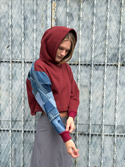 Red Denim Sleeve Cropped Hoodie – Cotton Mix, Size S