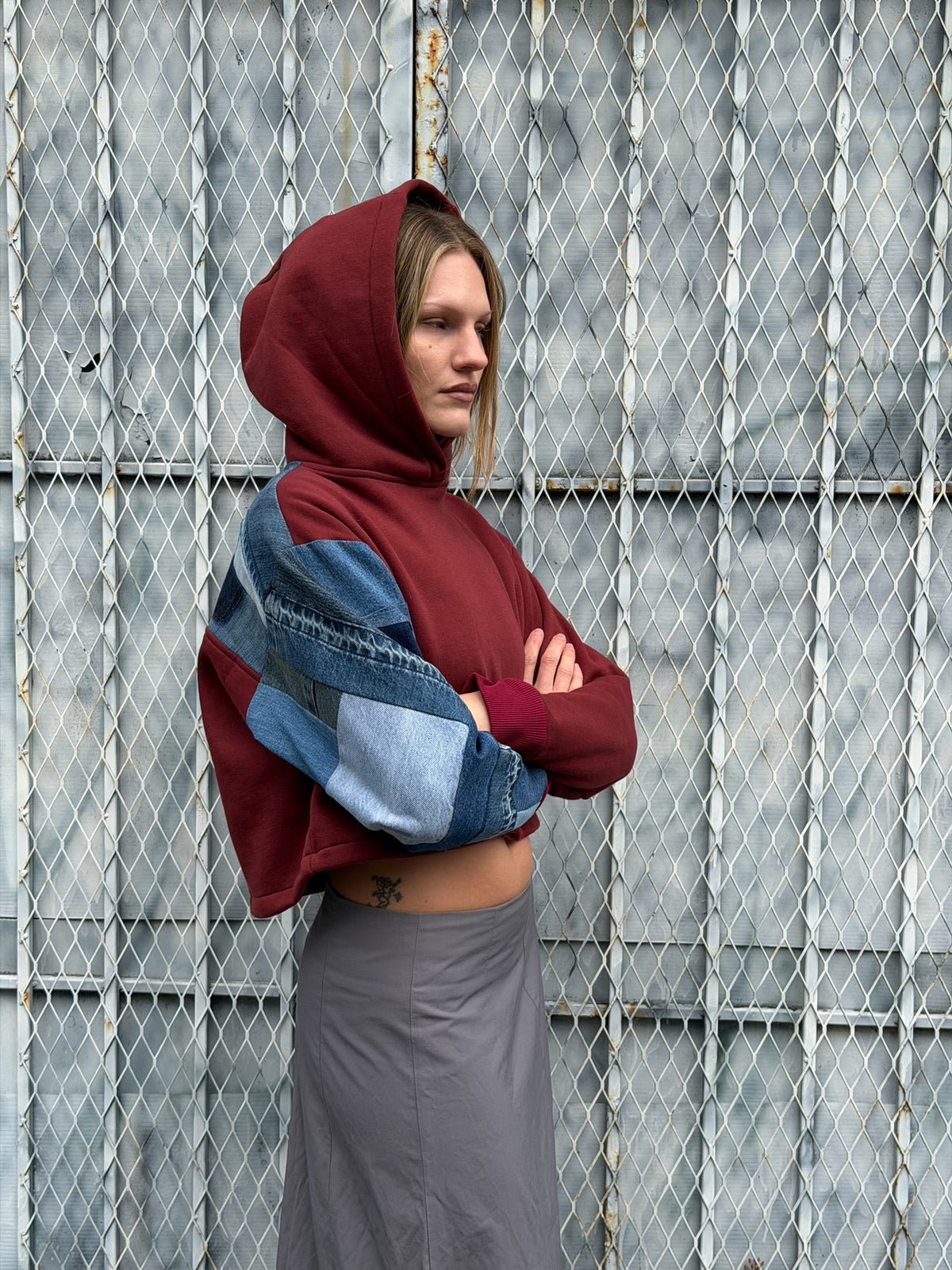 Red Denim Sleeve Cropped Hoodie – Cotton Mix, Size S