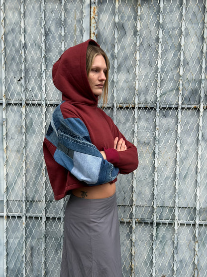 Red Denim Sleeve Cropped Hoodie – Cotton Mix, Size S