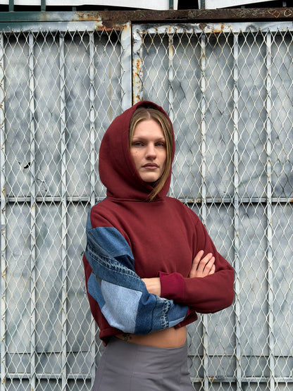 Red Denim Sleeve Cropped Hoodie – Cotton Mix, Size S