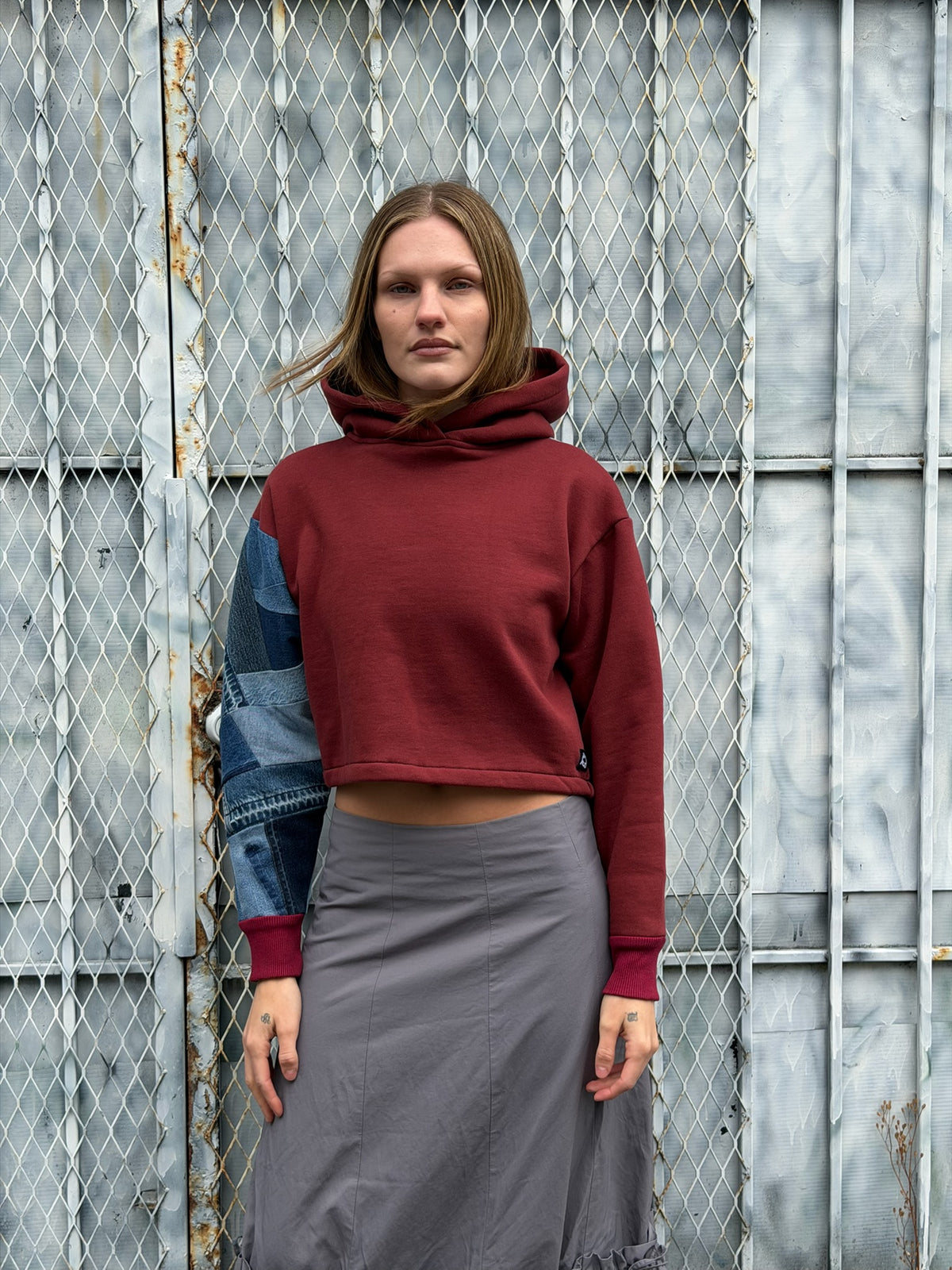 Red Denim Sleeve Cropped Hoodie – Cotton Mix, Size S