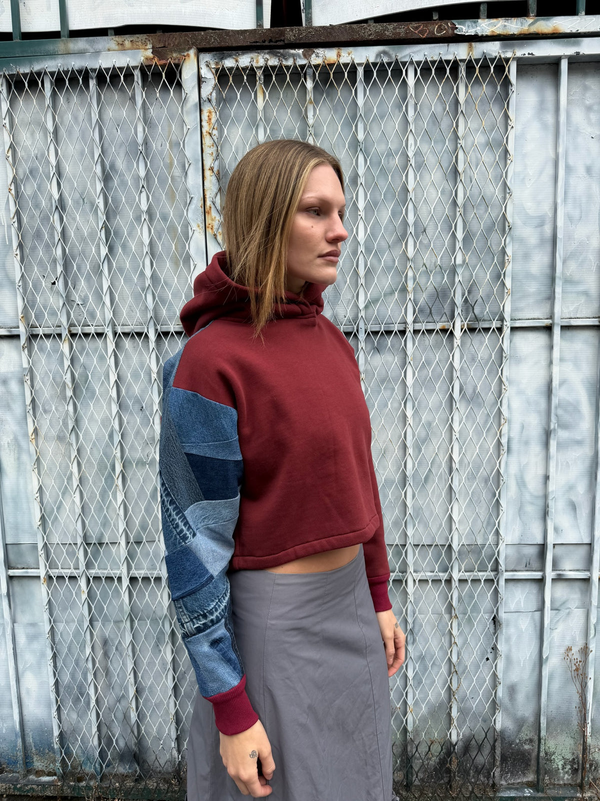 Red Denim Sleeve Cropped Hoodie – Cotton Mix, Size S