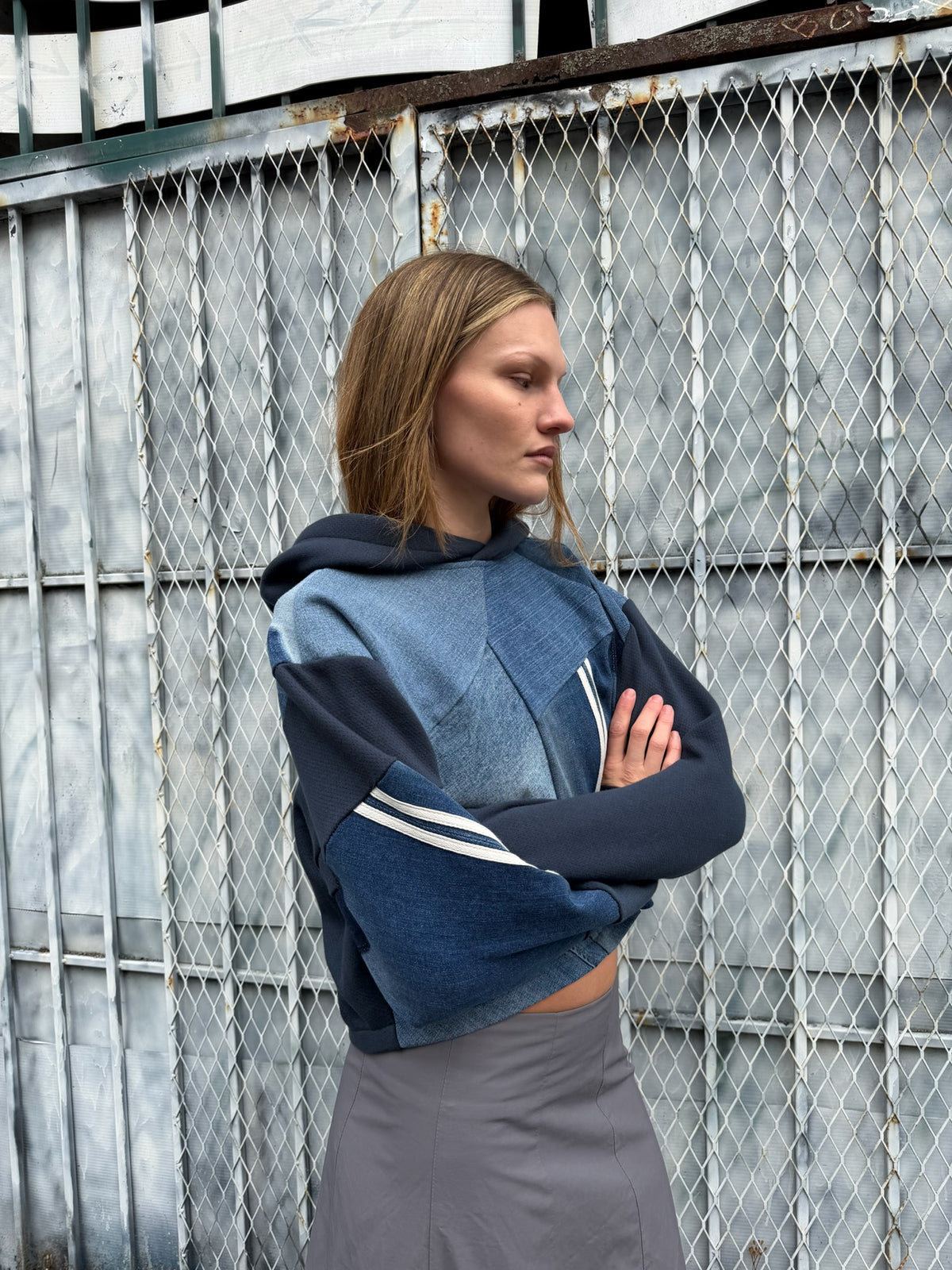 Navy & Blue Denim Patchwork Cropped Hoodie – M