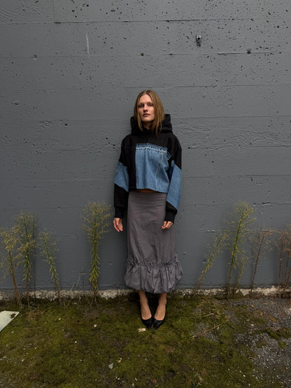 Black & Blue Denim Patchwork Cropped Hoodie – M