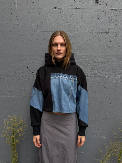 Black & Blue Denim Patchwork Cropped Hoodie – M