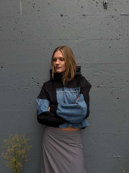 Black & Blue Denim Patchwork Cropped Hoodie – M