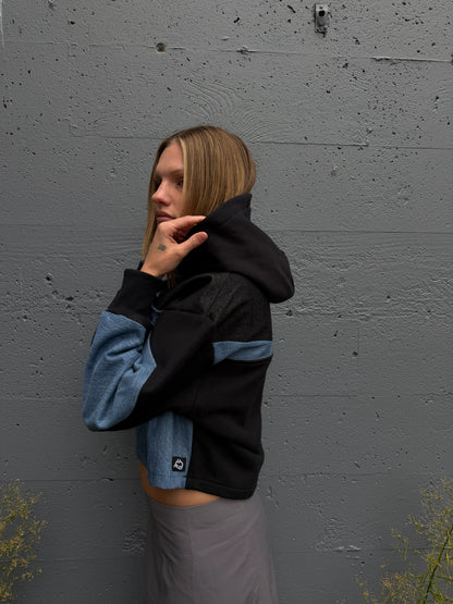 Black & Blue Denim Patchwork Cropped Hoodie – M