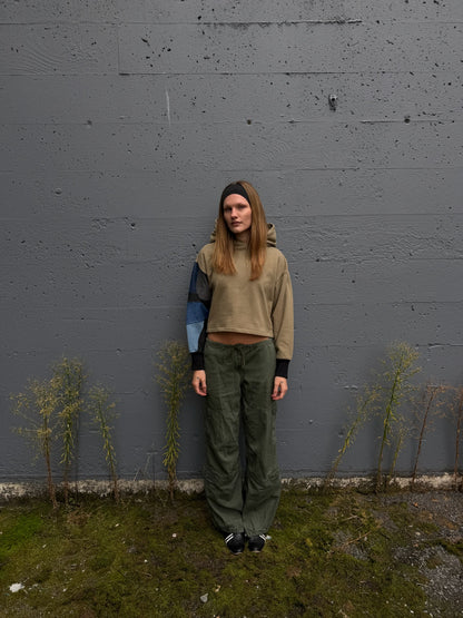Olive & Blue Denim Patchwork Cropped Hoodie – Cotton Mix, Size M