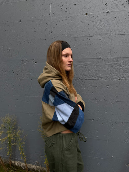 Olive & Blue Denim Patchwork Cropped Hoodie – Cotton Mix, Size M
