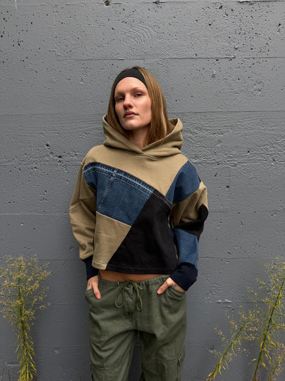 Olive & Blue Denim Patchwork Cropped Hoodie – Cotton Mix, Size M