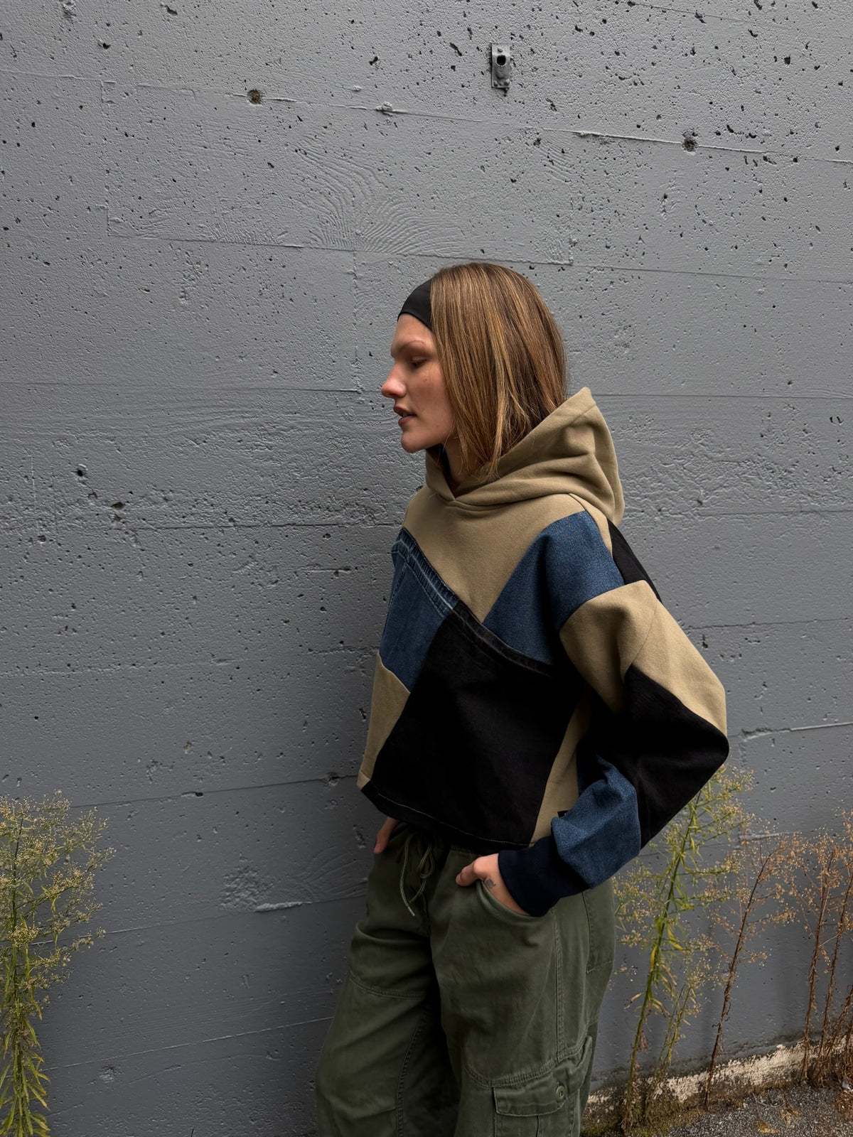 Olive & Blue Denim Patchwork Cropped Hoodie – Cotton Mix, Size M