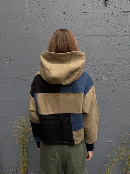 Olive & Blue Denim Patchwork Cropped Hoodie – Cotton Mix, Size M