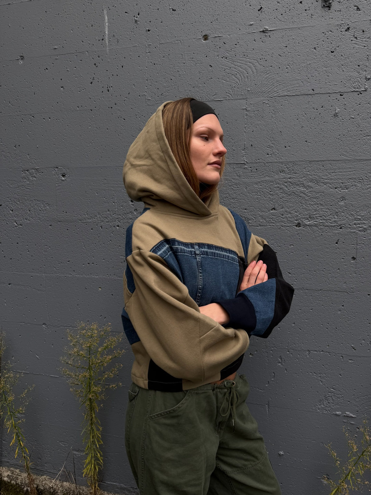 Olive & Blue Denim Patchwork Cropped Hoodie – Cotton Mix, Size M