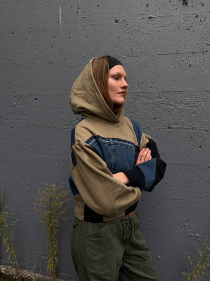 Olive & Blue Denim Patchwork Cropped Hoodie – Cotton Mix, Size M