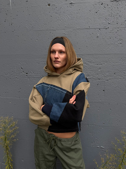 Olive & Blue Denim Patchwork Cropped Hoodie – Cotton Mix, Size M