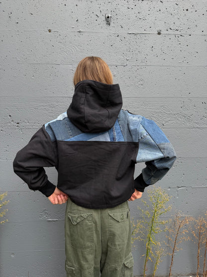Black Cropped Hoodie with Blue/Grey Denim Patchwork Sleeve – M