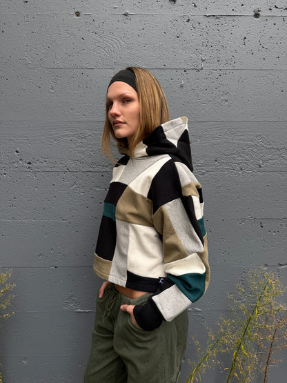 Grey & Green Scrapwork Cropped Hoodie – Cotton Mix, Size M