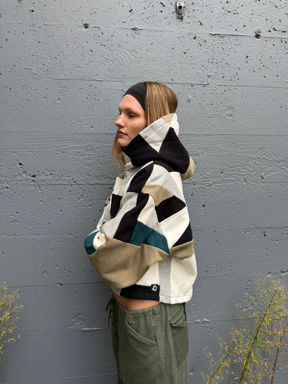 Grey & Green Scrapwork Cropped Hoodie – Cotton Mix, Size M