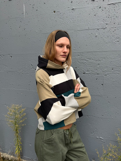 Grey & Green Scrapwork Cropped Hoodie – Cotton Mix, Size M