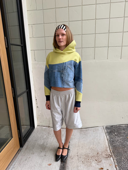 Key Lime & Blue Denim Patchwork Cropped Hoodie – Cotton Mix, Size S