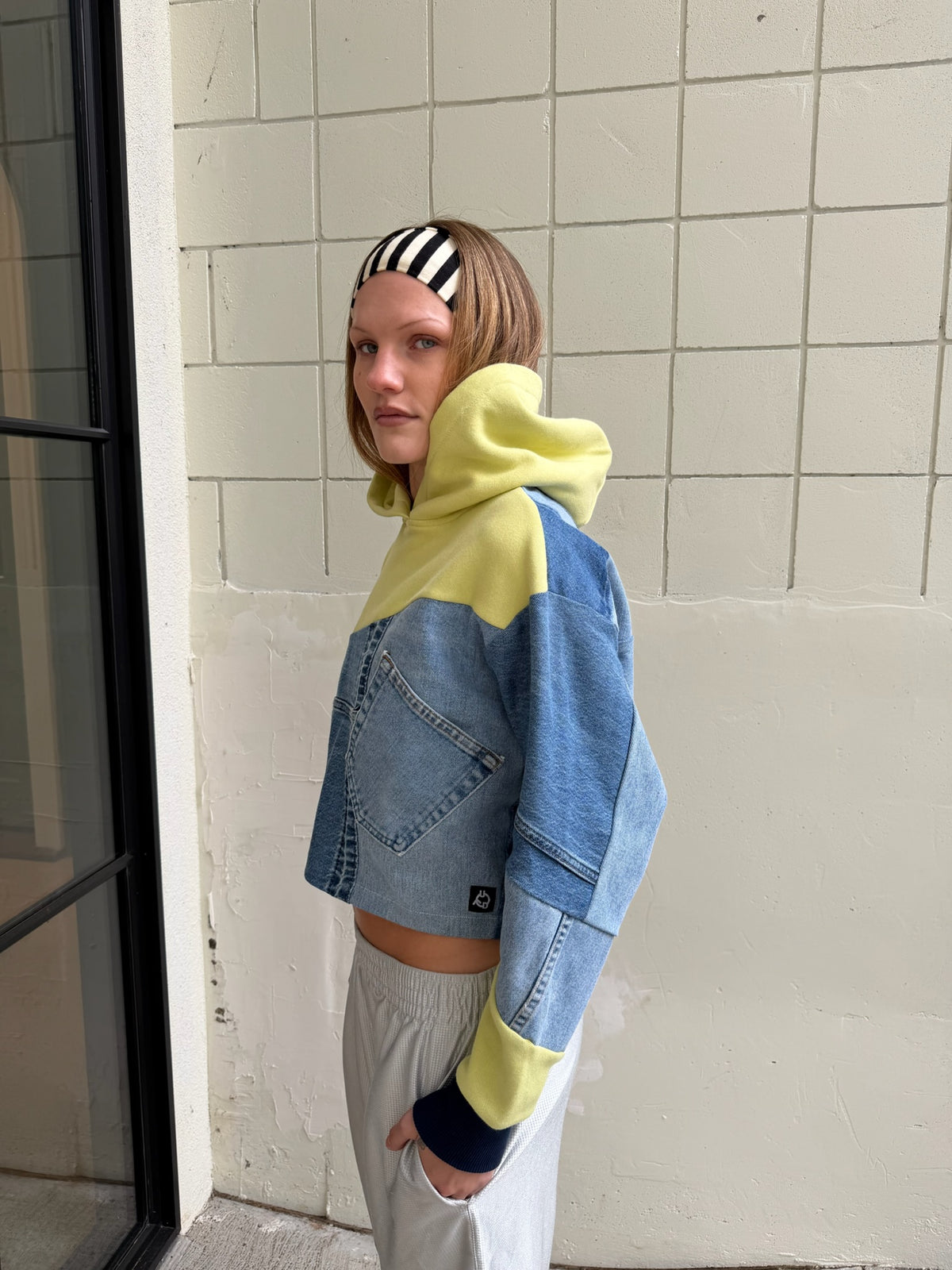 Key Lime & Blue Denim Patchwork Cropped Hoodie – Cotton Mix, Size S