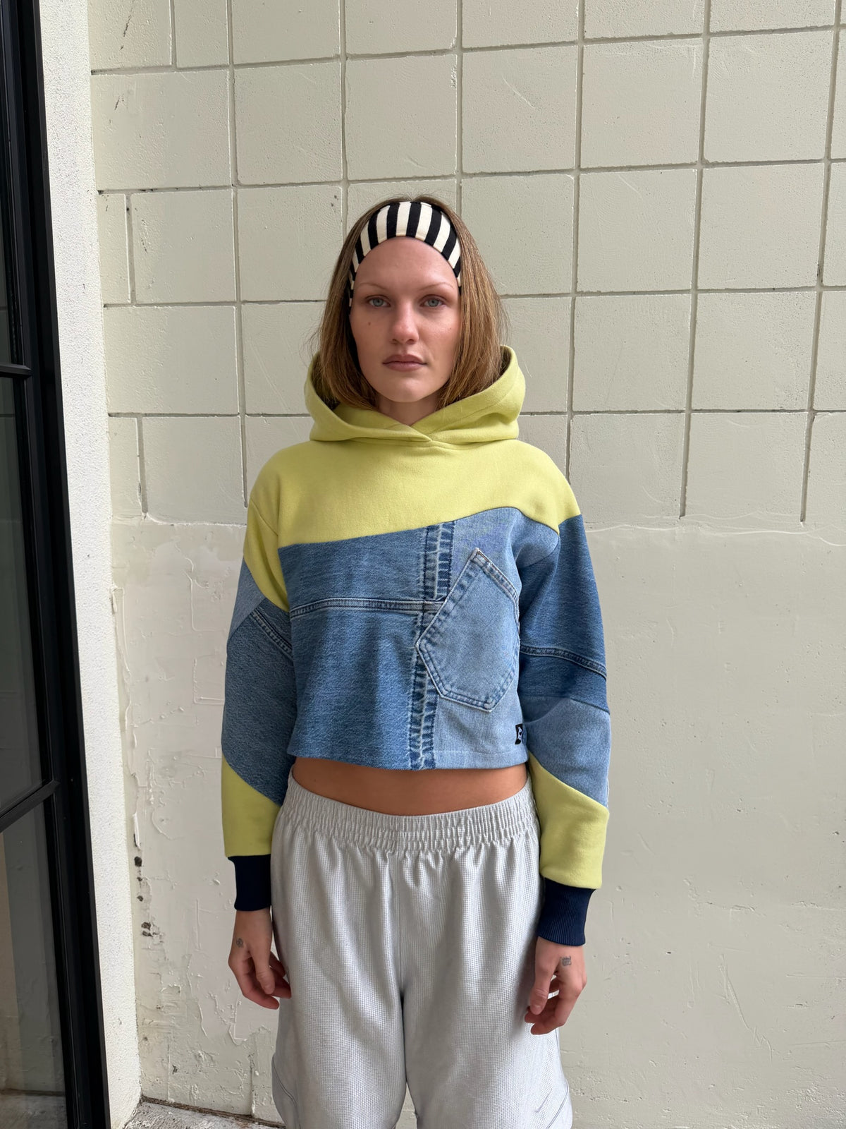 Key Lime & Blue Denim Patchwork Cropped Hoodie – Cotton Mix, Size S