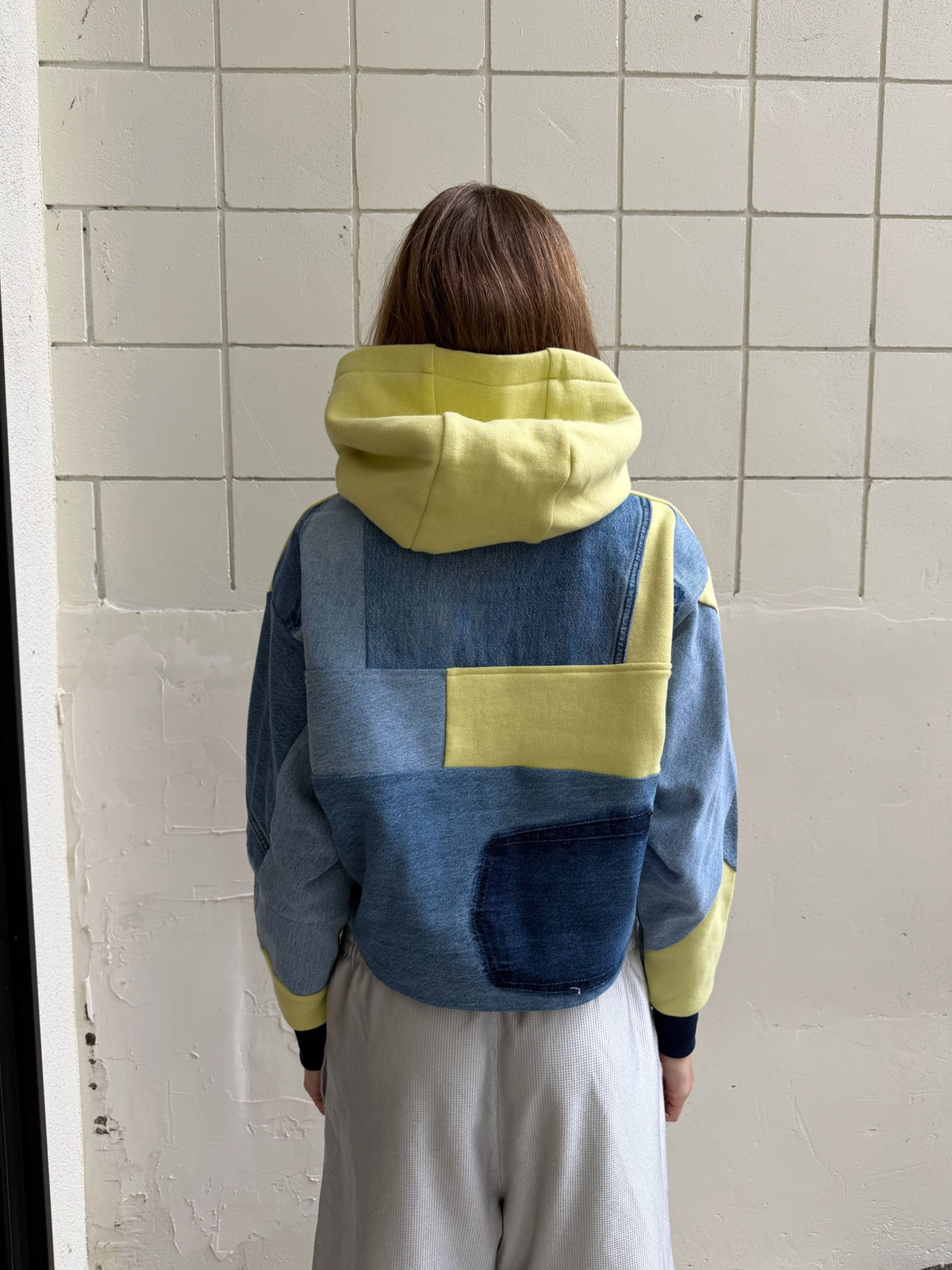 Key Lime & Blue Denim Patchwork Cropped Hoodie – Cotton Mix, Size S