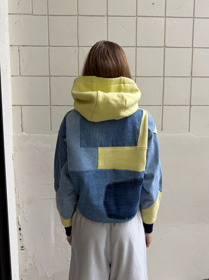 Key Lime & Blue Denim Patchwork Cropped Hoodie – Cotton Mix, Size S