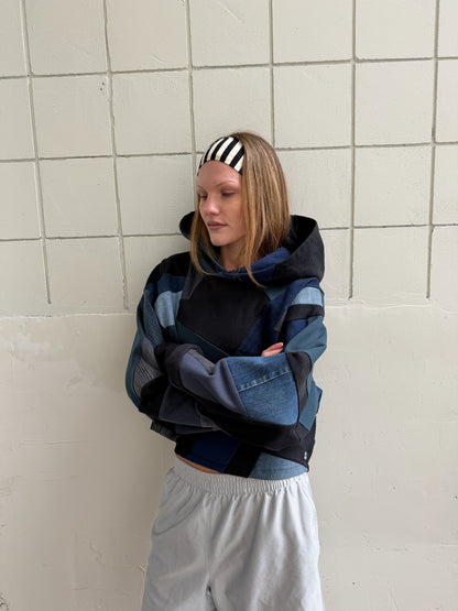 Black & Blue Cropped Hoodie Scrapwork size L