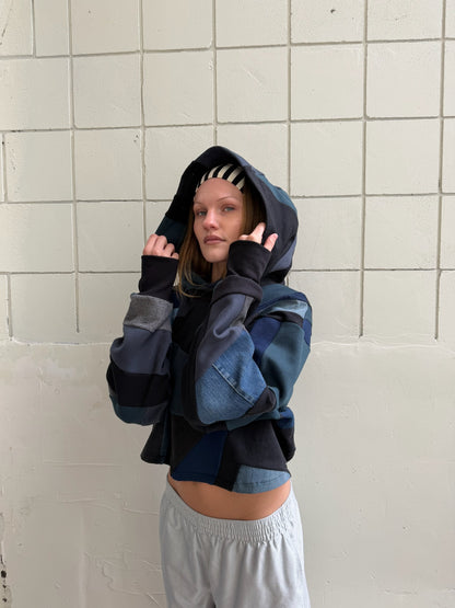 Black & Blue Cropped Hoodie Scrapwork size L