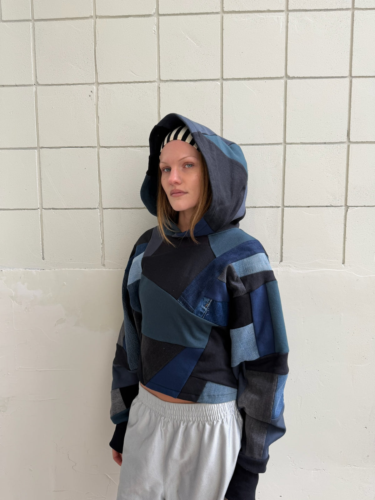 Black & Blue Cropped Hoodie Scrapwork size L