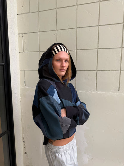 Black & Blue Cropped Hoodie Scrapwork size L