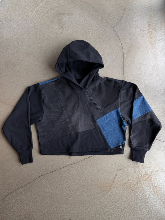 Black & Blue Denim Patchwork Cropped Hoodie – Cotton Mix, Size L