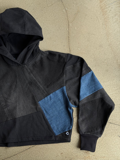 Black & Blue Denim Patchwork Cropped Hoodie – Cotton Mix, Size L