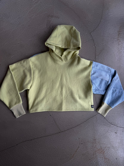 Lime & Blue Denim Sleeve Cropped Hoodie – Cotton Mix, Size L