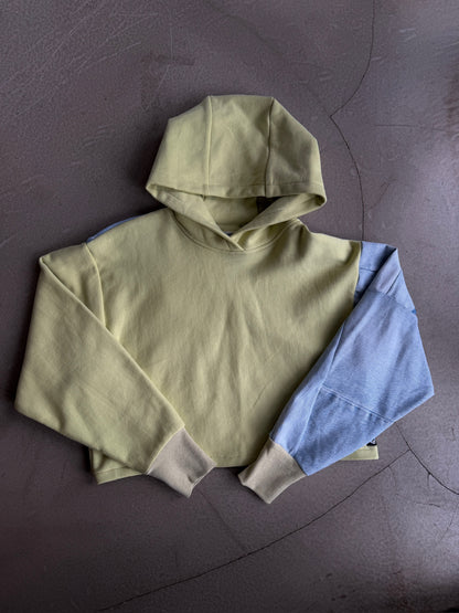 Lime & Blue Denim Sleeve Cropped Hoodie – Cotton Mix, Size L