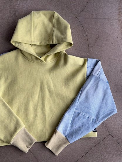 Lime & Blue Denim Sleeve Cropped Hoodie – Cotton Mix, Size L