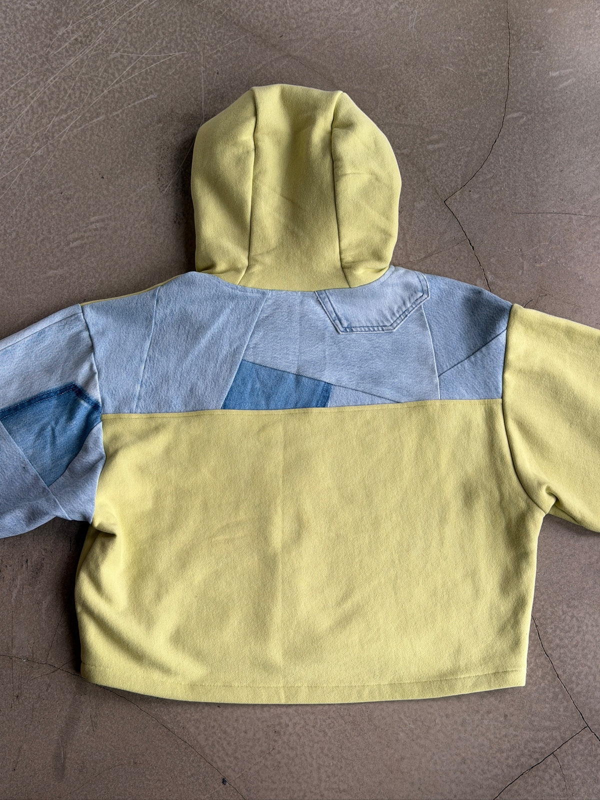 Lime & Blue Denim Sleeve Cropped Hoodie – Cotton Mix, Size L