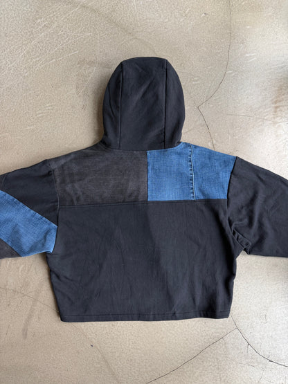 Black & Blue Denim Patchwork Cropped Hoodie – Cotton Mix, Size L