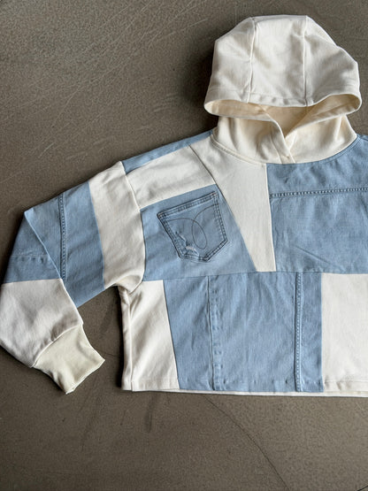 White & Blue Denim Patchwork Cropped Hoodie – Cotton Mix, Size XXL