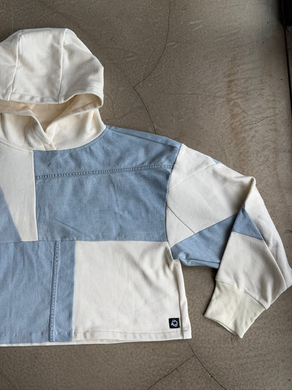 White & Blue Denim Patchwork Cropped Hoodie – Cotton Mix, Size XXL