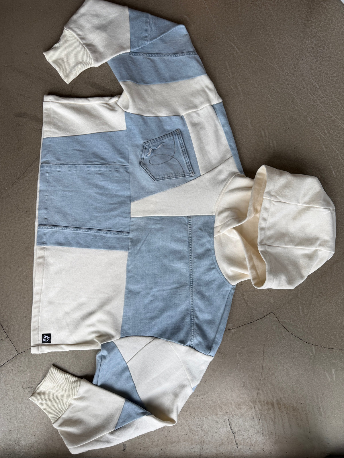 White & Blue Denim Patchwork Cropped Hoodie – Cotton Mix, Size XXL