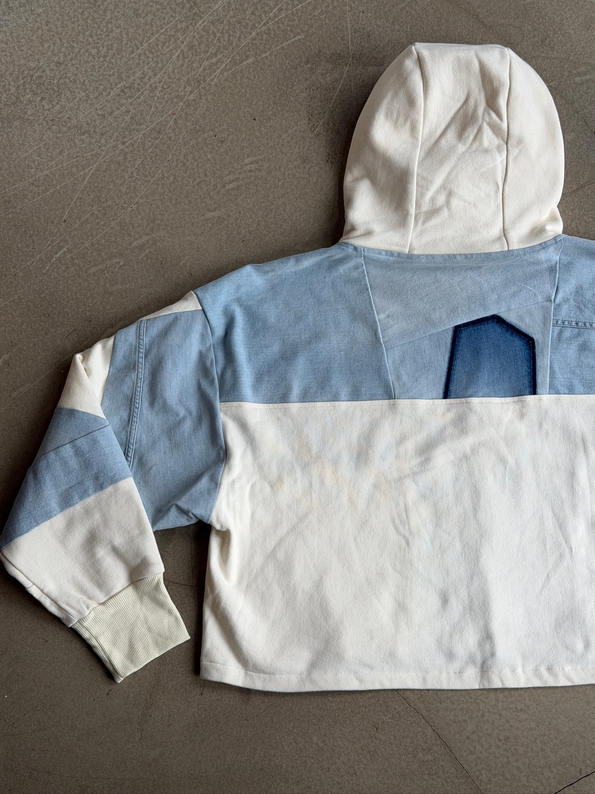 White & Blue Denim Patchwork Cropped Hoodie – Cotton Mix, Size XXL