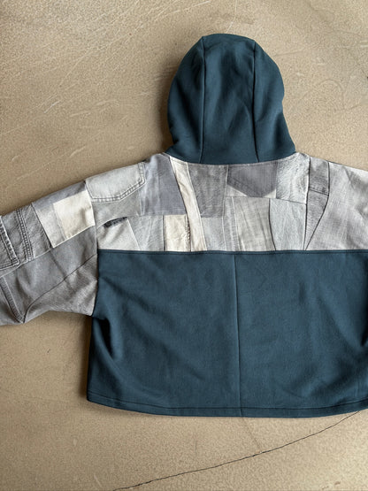 Teal & Grey Sleeve Cropped Hoodie – Cotton Mix, Size XXL