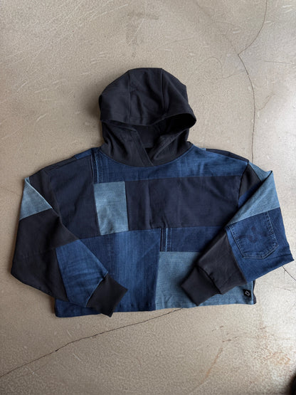 Black Multi Scrapwork Cropped Hoodie – Cotton, Size XXL
