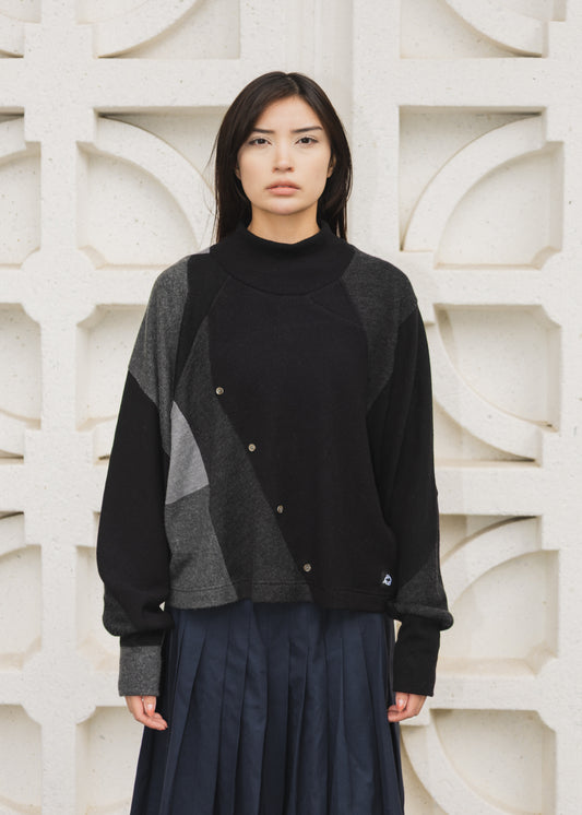 The Canopy Sweater in Patchwork Merino Wool Black & Grey